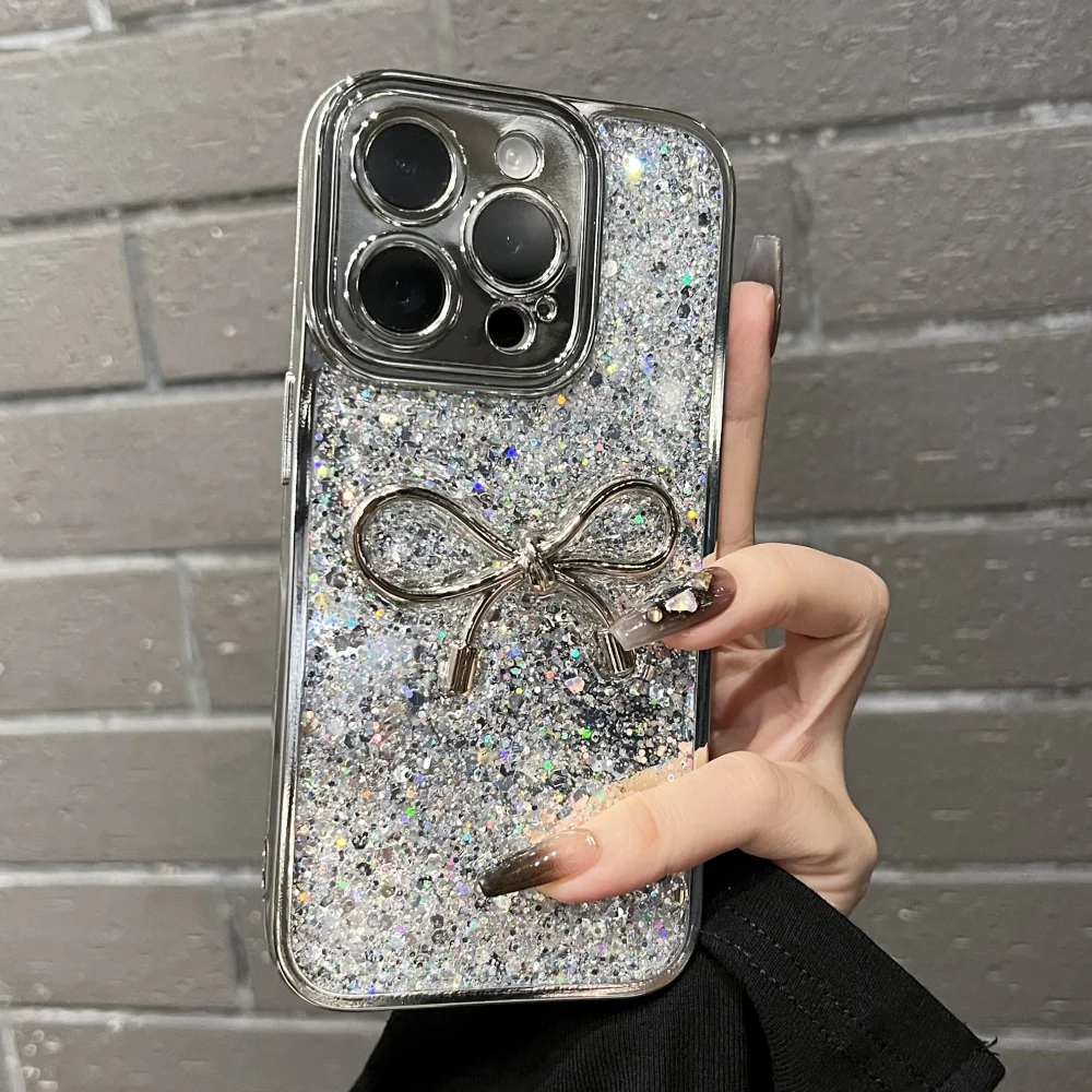 Luxury 3D Metal Bowknot Plating Frame Sparkle Glitter Sequin Rhinestone Case For iPhone 16 15 11 12 13 14 Pro Max Back Cover
