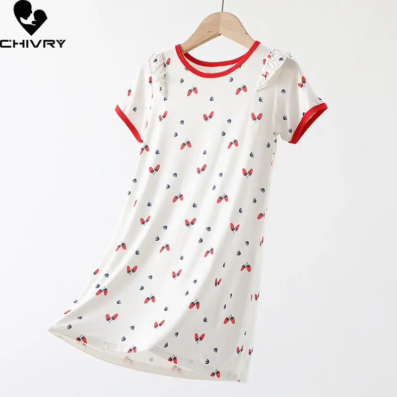 Neue Mädchen Mode Nachthemden Sommer dünne Kurzarm O-Ausschnitt Cartoon Erdbeer Nachtwäsche Baby Mädchen Schlaf kleid Homewear