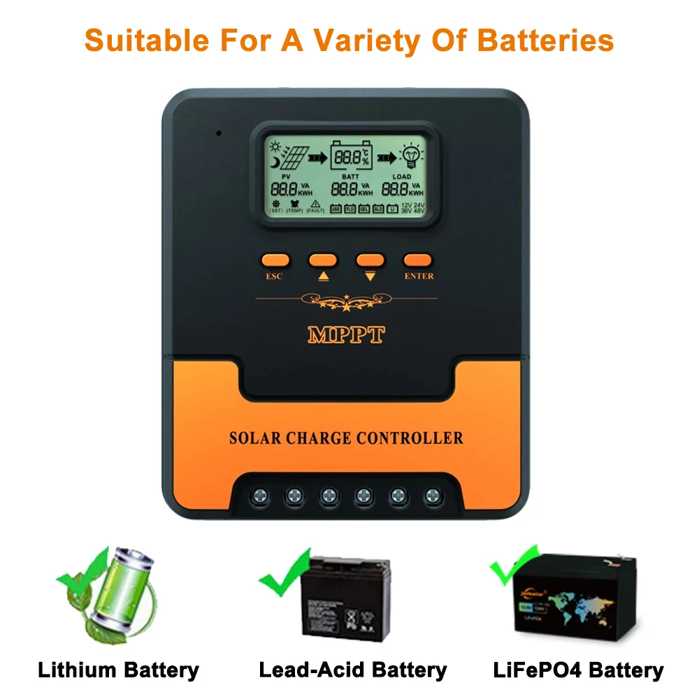 12V 24V 자동 MPPT 태양열 충전 컨트롤러 LiFePO4 리튬 젤 납 산성 배터리 용 10A/20A/30A/40A/50A/60A 스마트 PV 레귤레이터