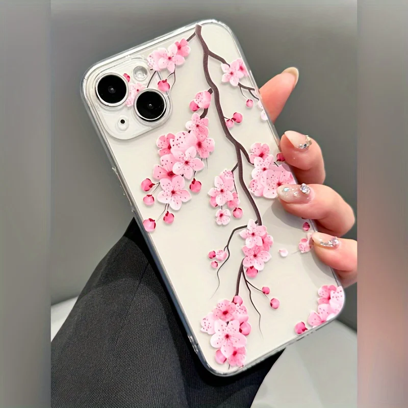 Pink Plum Blossom Shockproof Transparent Phone Case Cover