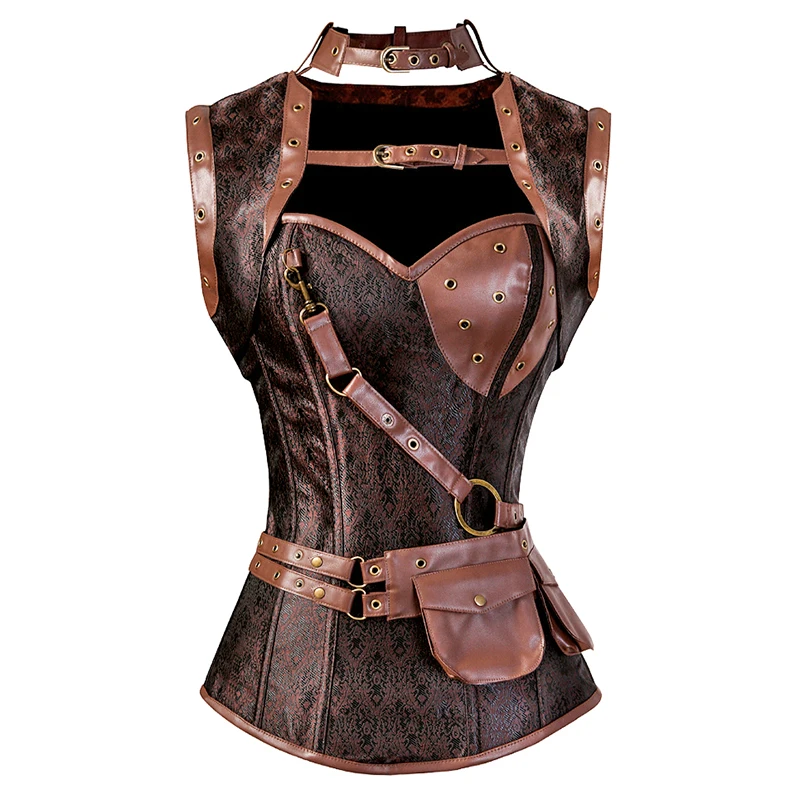 

Pirate Corset Top Plus Size Faux Leather Lingerie Pirate Costume Corset Bustier Top Overbust Steampunk Corsets for Women Brown