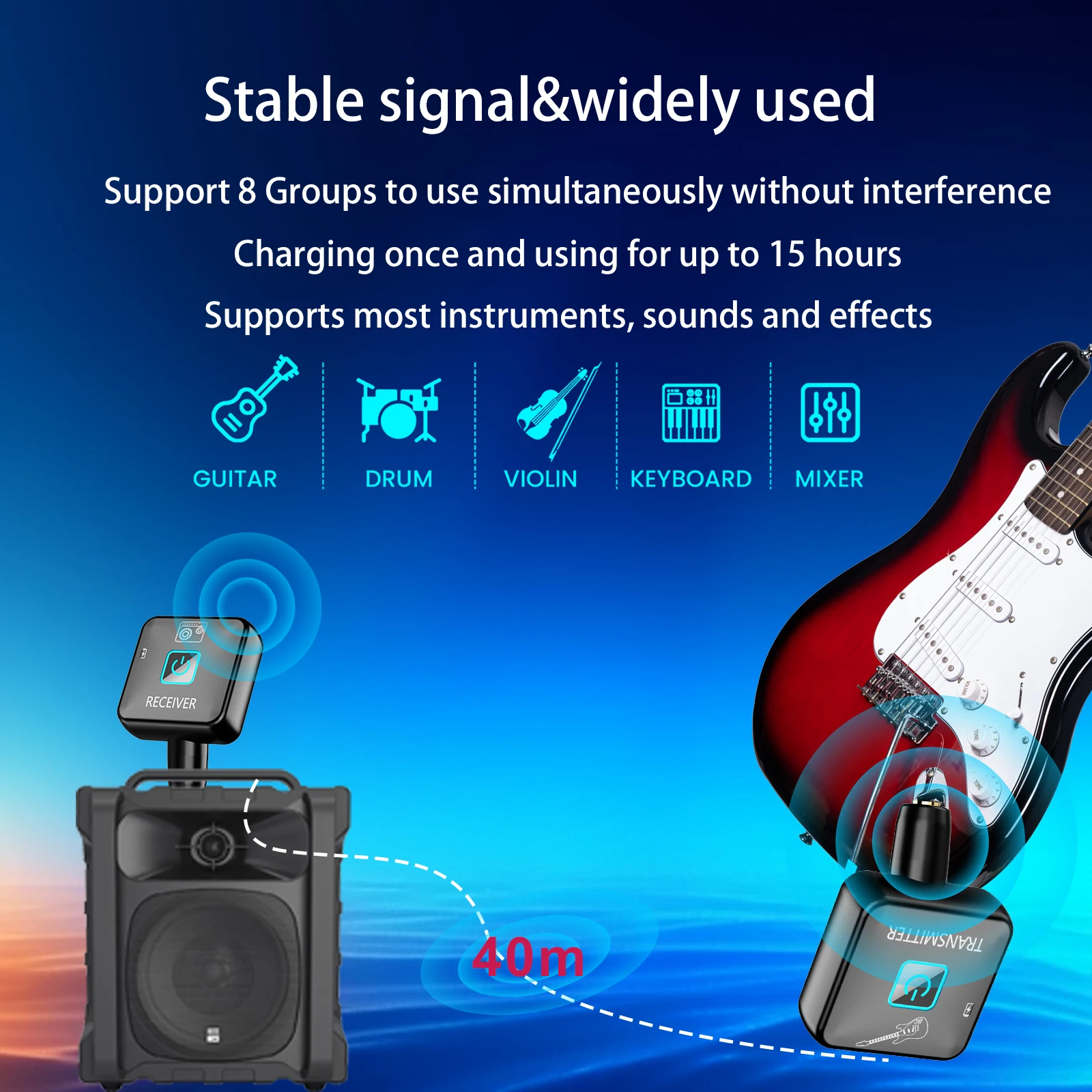 thumbnail interactive-video image 1 of Wireless Guitar/Bass Audio Transmitter & Receiver System - UHF, 4 Channels, USB Rechargeable 1 of 12