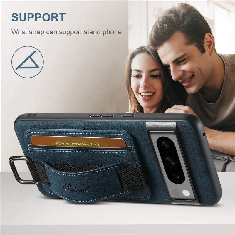EUCAGR Luxury Business Wrist Strap Leather Wallet Case with Card Holder Back Cover