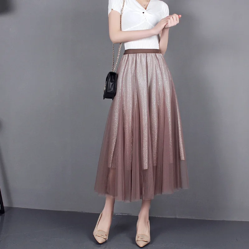 Autumn Korean New Gradient Mesh Skirt Summer 10 Pieces Of Gradient Stitching A Big Skirt High Waist Fairy Skirt leather skirt Skirts