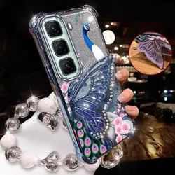 Colorful Peacock Phone Case with Lanyard and Stand - 3 Piece Set for Infinix Hot 50 5G (Blue)