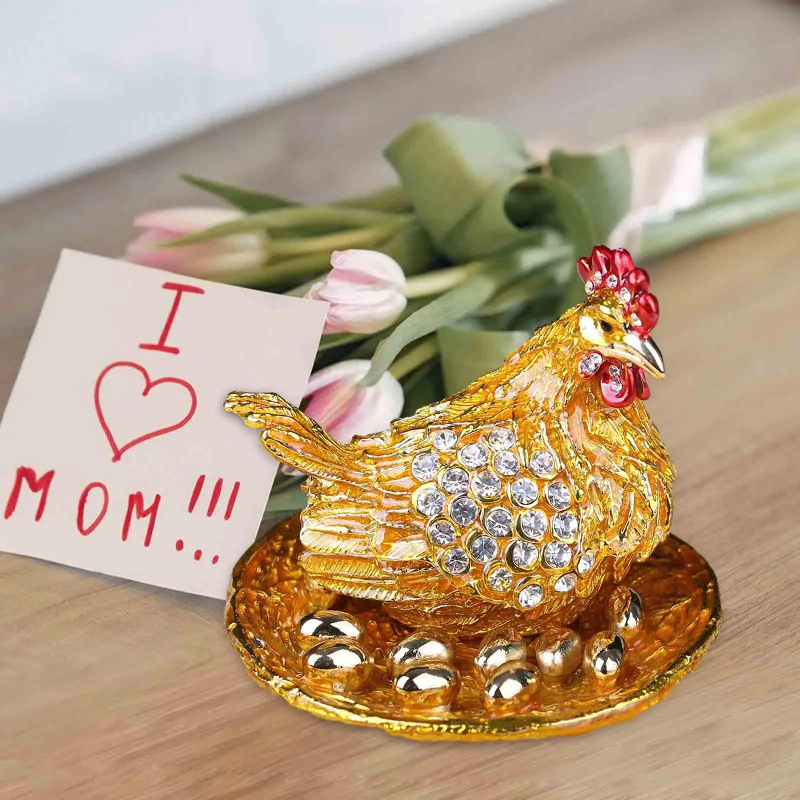 

Hen Hatching Eggs Jewelry Box Metal Chicken Statue Sculpture Jewelry Storage Box for Bracelet Rings Earrings Stud Necklace Charm