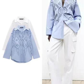 TRAFZA Women's New Fashion Casual Shirt Top Embroidery Hollow Single Breasted Lapel Long Sleeve Curved Hem Loose Shirt Top