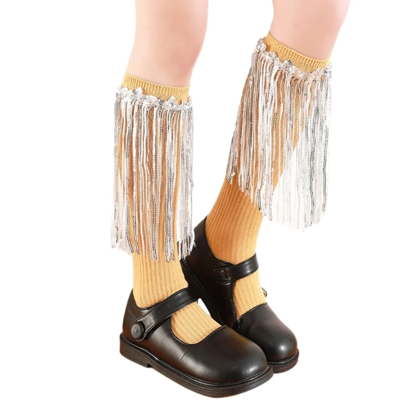 HUYU Sequined Fringed Knee High Socks Midcalf Socks for Kids Spring Stretchy for Little Girl School Dancing Dress