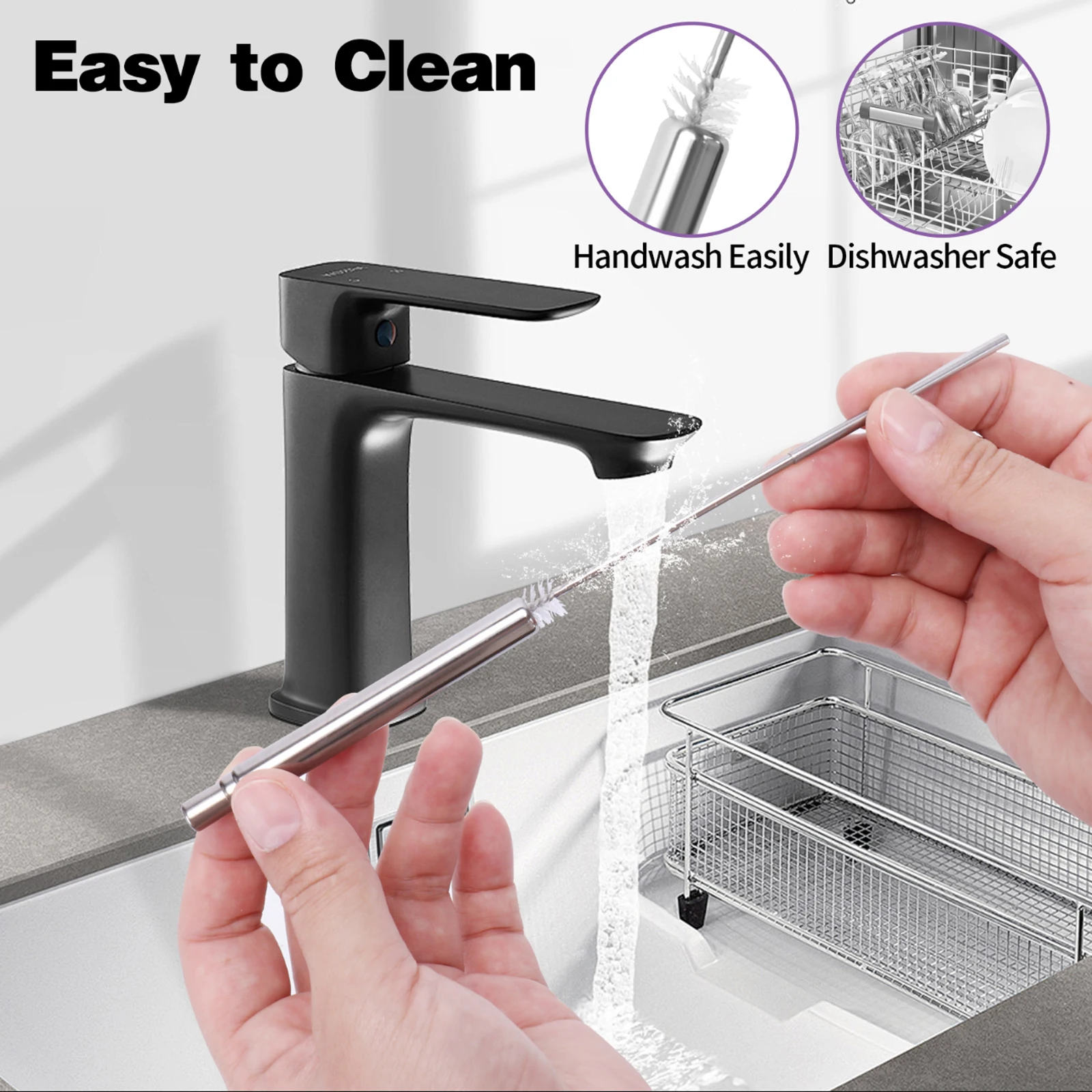 Eco-Friendly Reusable Retractable Straw Set with Portable Cleaning Brush and Keychain Holder