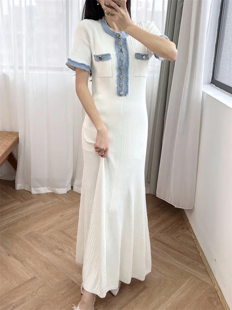 

Women Denim Splice Knit Dress Blue or White Slim Fit Short Sleeve Fashion O-neck Buttons Female Midi Robe 2024 Spring Summer