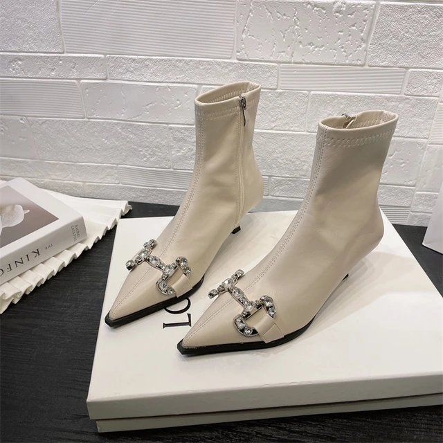 Beige knit high-heel ankle boots - Women's Trousers | Stradivarius United  Arab Emirates