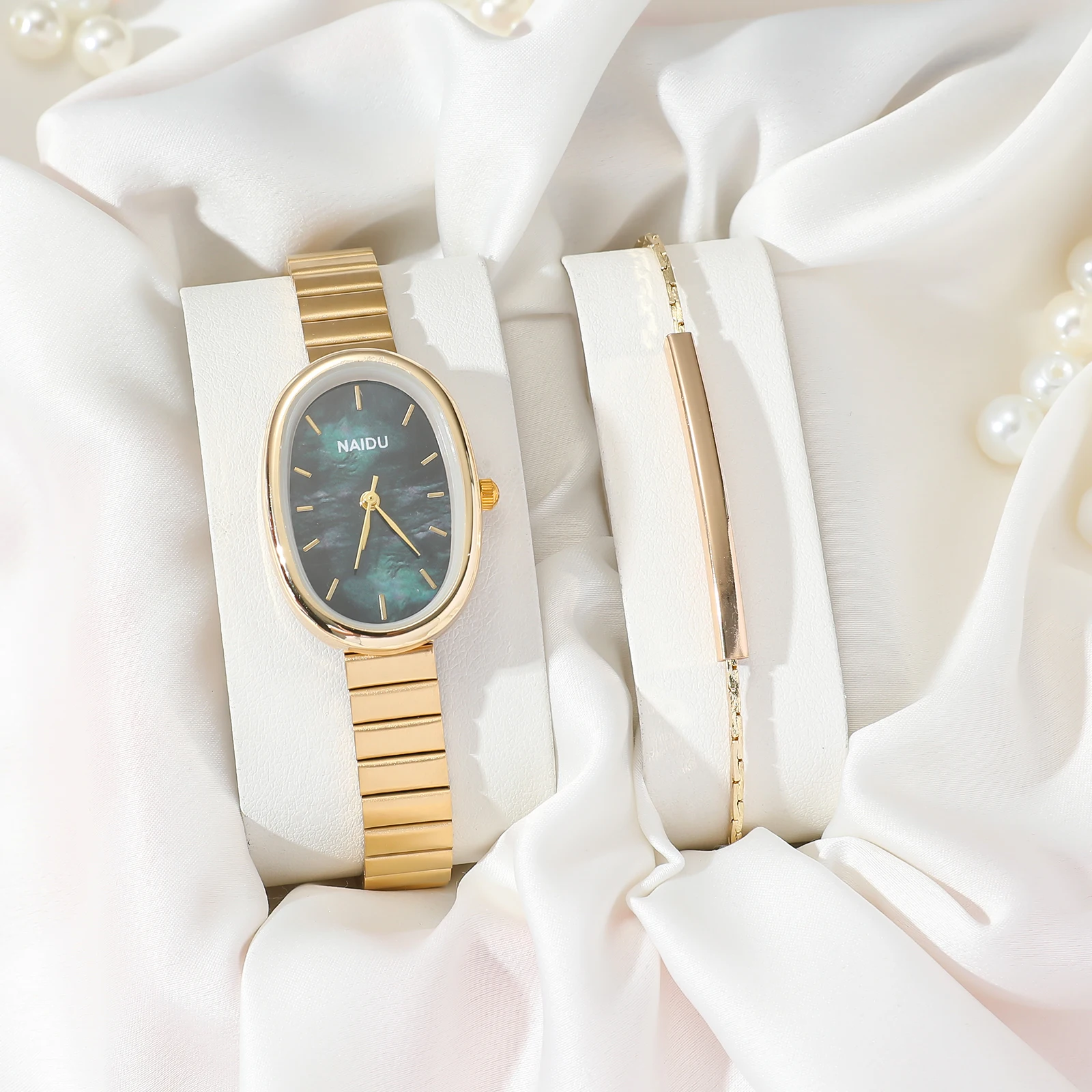 Light luxury fashion bar scale oval dial bamboo style steel strip quartz watch+one letter compact bracelet set 2