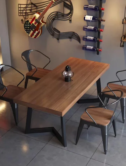 Description Picture 4 of itemNew Iron Art Solid Wood Dining Table and Chair Set Six Chair Combination Bar Hot Pot Shop Restaurant Restaurant