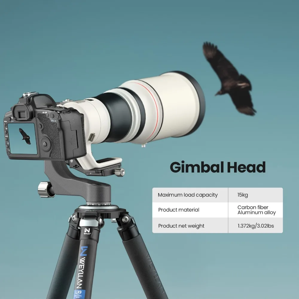 PH8 Professional Gimbal Tripod Head Carbon Fiber Heavy Duty Arca Swiss Q.R Plate