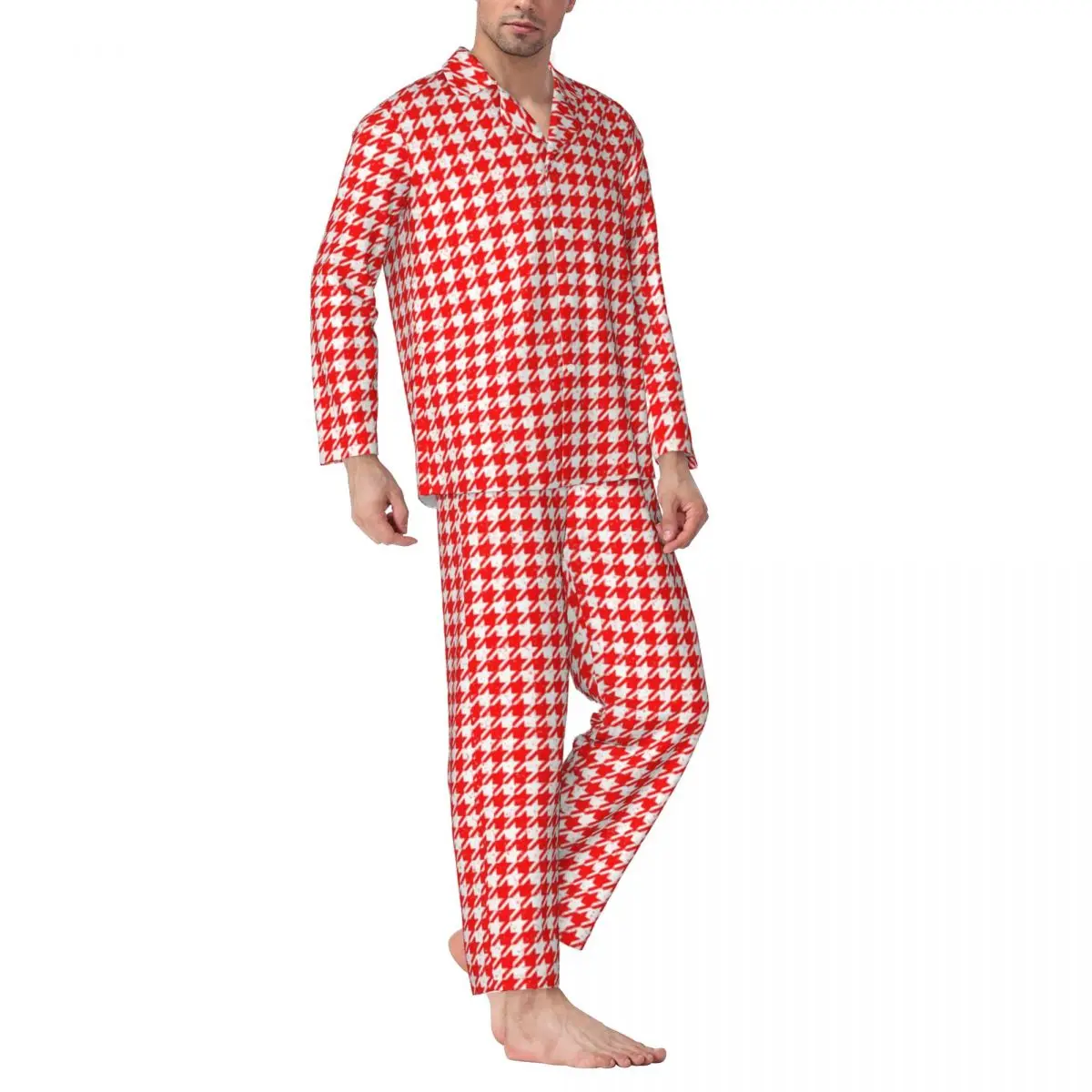 

Pajamas Male Houndstooth Speckled Night Sleepwear Red and White 2 Pieces Casual Pajama Set Long Sleeve Warm Oversized Home Suit