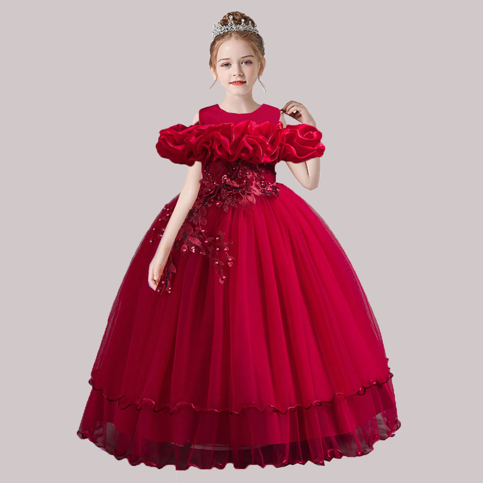

4-14 Years Little Girls Off Shoulder Embroidered Flower Girl Birthday Party Graduation Ceremony Pageant Gown
