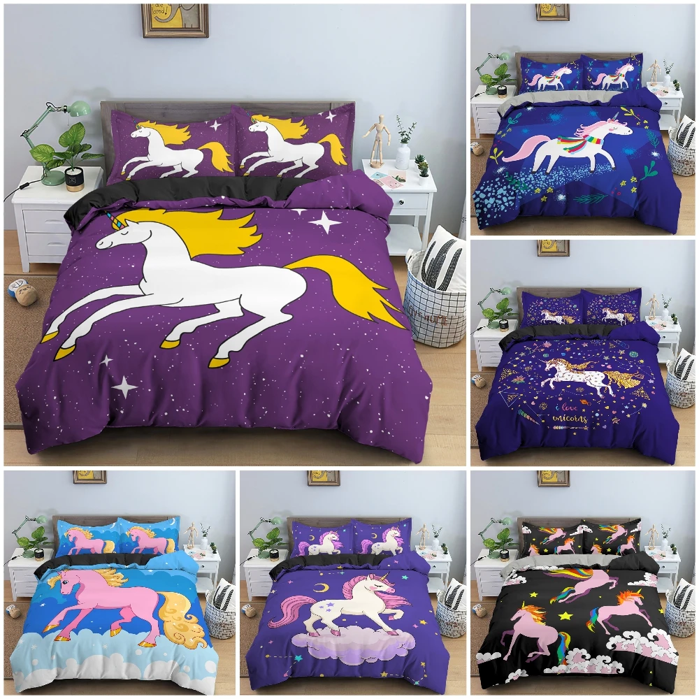 

3D Cartoon Unicorn Duvet Cover Set For Kid's Bedroom King Twin Bedding Set Luxury Cozy Quilt/Comforter Covers Home Decor 2/3PCS