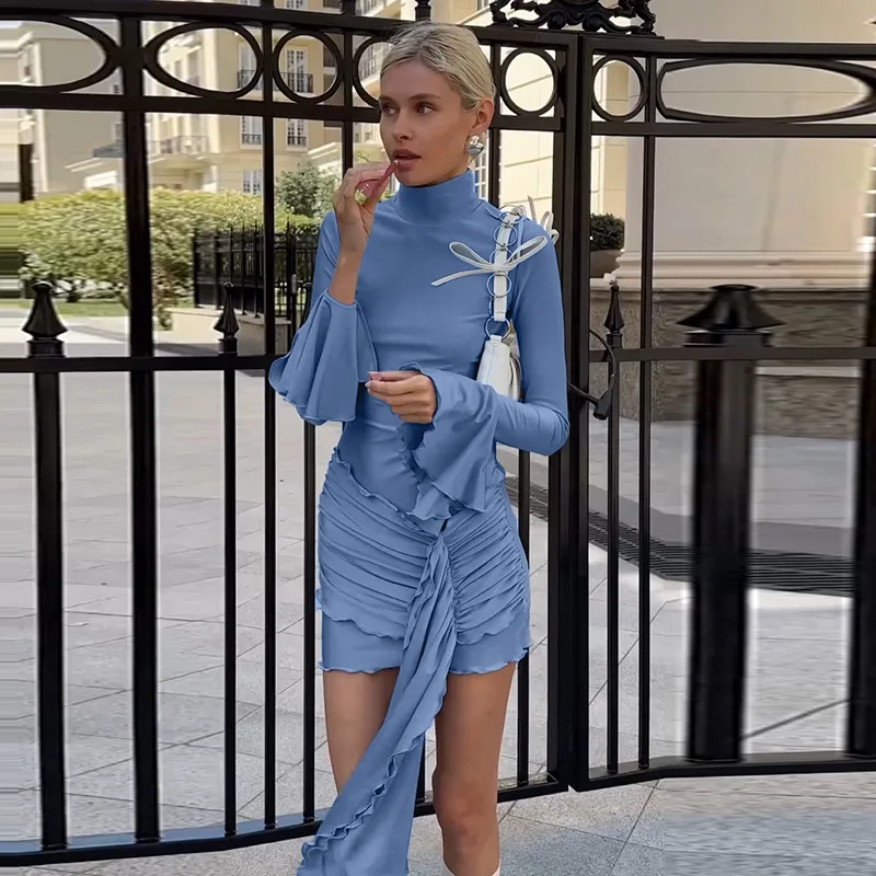 Sexy Skinny Ruffled Mini Dress Female Long Sleeve Turtleneck Slim Fashion Tassel Elegant Party Dress Autumn Women's Dress