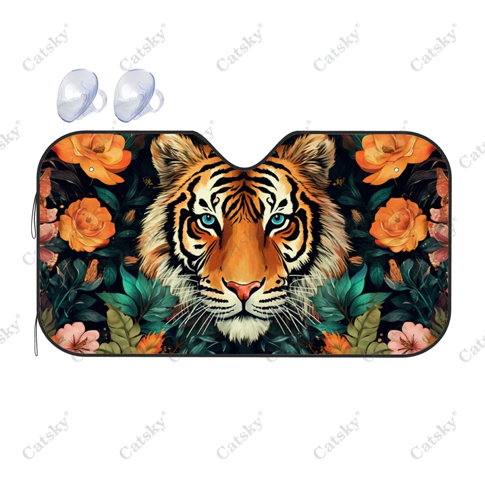 

Tiger With Tropical Flowers Car Windshield Sunshade, Front Auto Cars Sun Shade Blocks Uv Rays Sun-Visor Protector