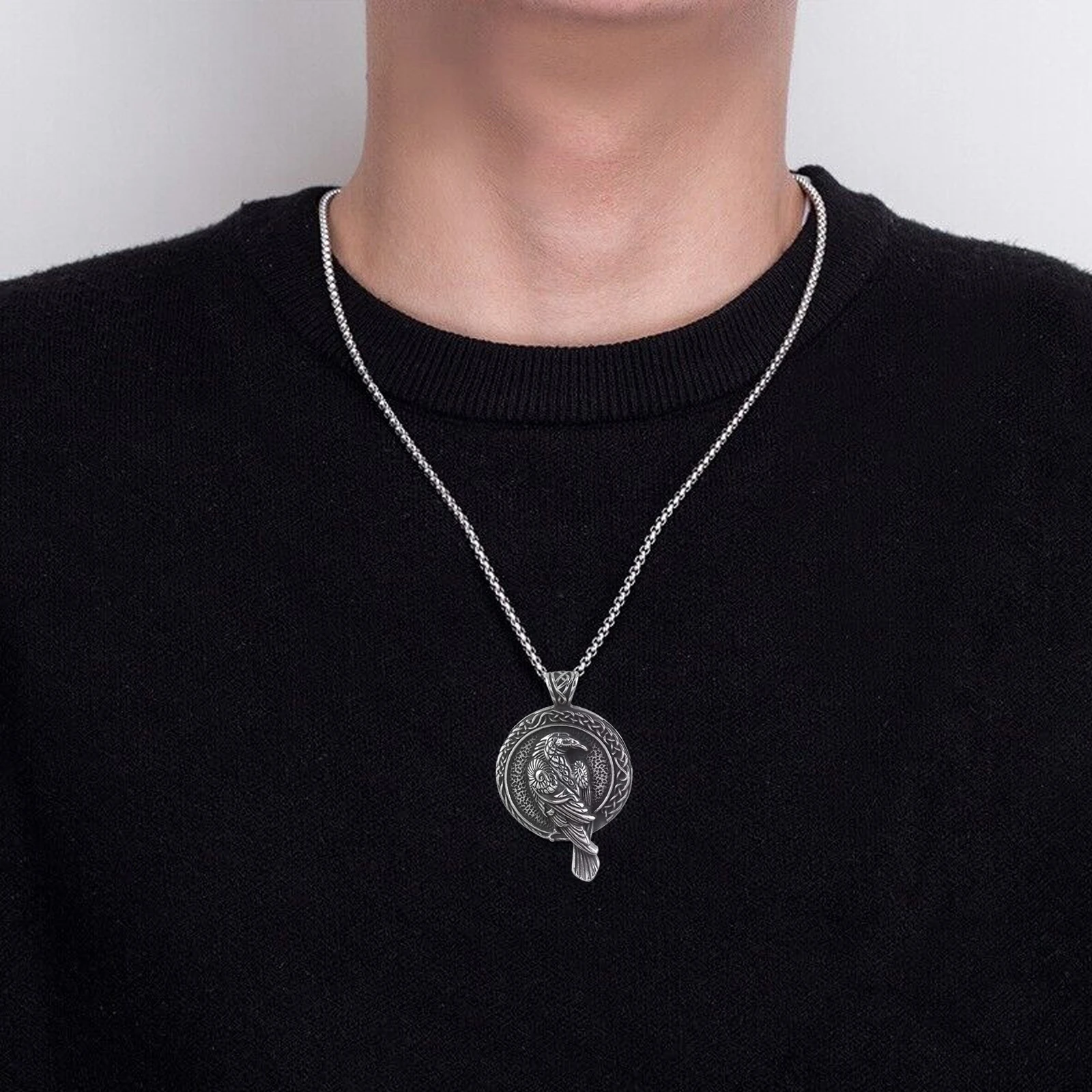 Mens Nordic Fashion Handmade Vintage Raven Crow Viking stainless steel jewerely for Men Punk Accessory Necklace