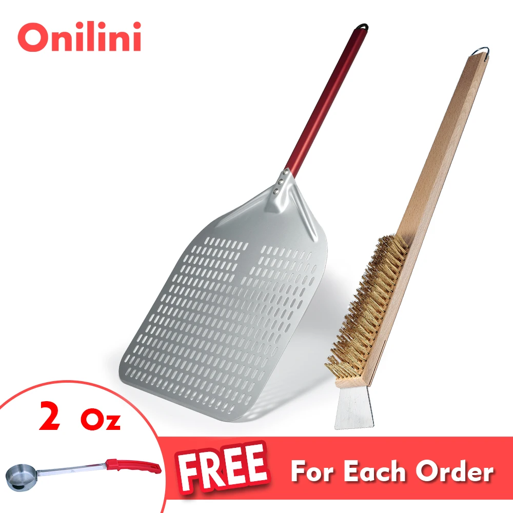 

Onilini 12/13/14/ inch Pizza Peel Perforated Pizza Shovel Retangular Pizza Paddle Cleaning Copper Scraper Brush Oven Accessories