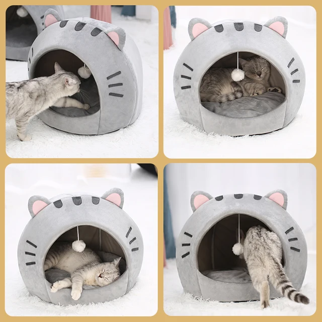 Cozy and comfortable cat bed with reversible cushion and dangling ball toy