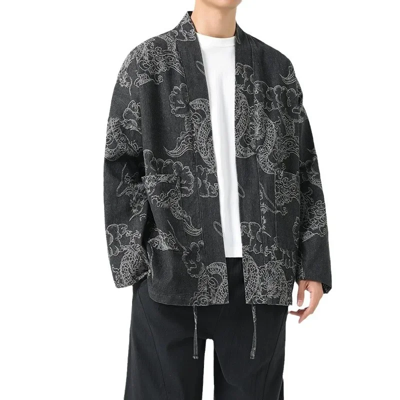 Fashionable Men's Chinese Style Dragon Pattern Denim Tang Suit Casual Leisure Suit Autumn Winter Streetwear