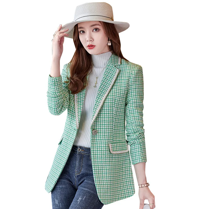 

Women's Suit Blazer British Style One Button Contrast Panel Slim Fit Waist Wrap Temperament Female Plaid Suit Top Lady's Jacket