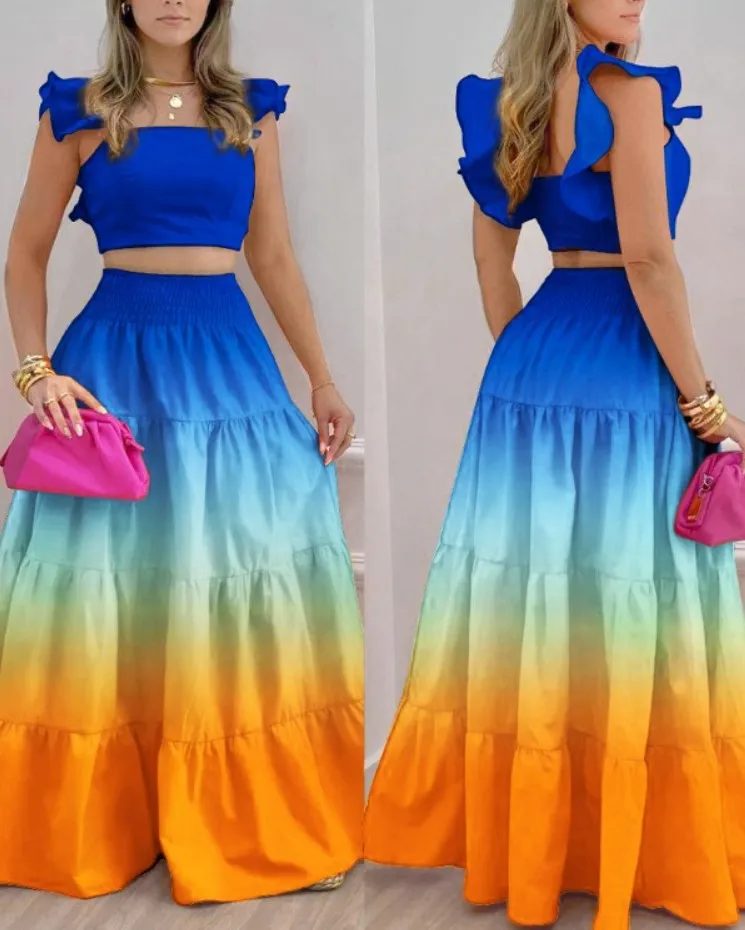 

Women's Retro 2 Pcs Skirts Sets 2022 Fashion Multicolor Print Suit Sexy Square Neck Navel Top + Skirt Suit Summer New