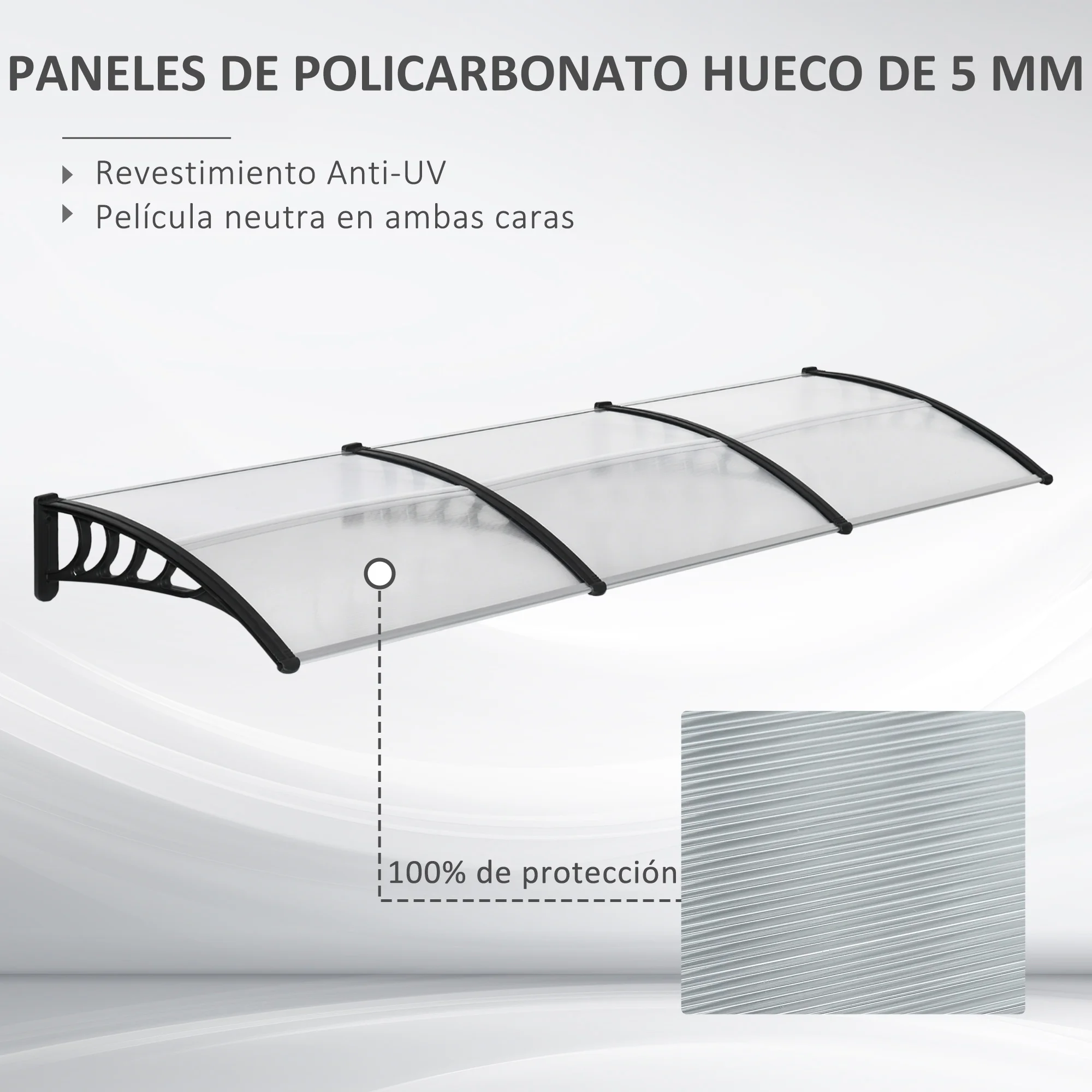 Marquesina exterior para Puertas Mellerud protección policarbonato /  plástico 240 x 100 cm - Transparente y Negro [en.casa]