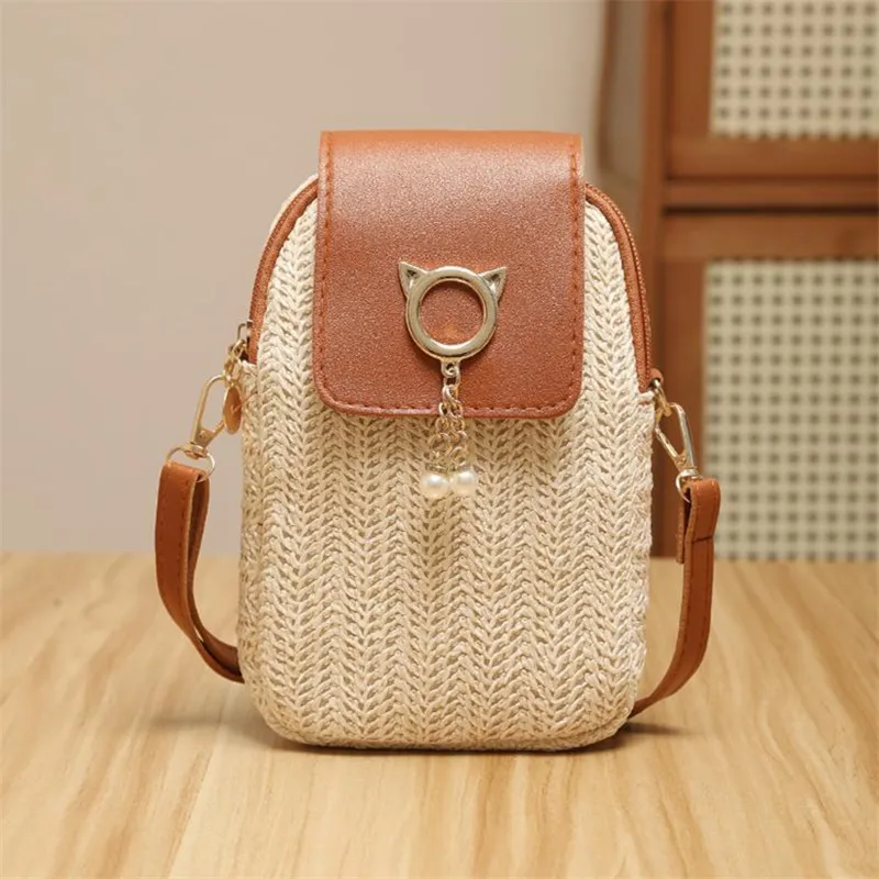 Woven Straw Handwoven Women’s Shoulder Bag, Fashion Solid Color Crossbody Purse with Lock Closure