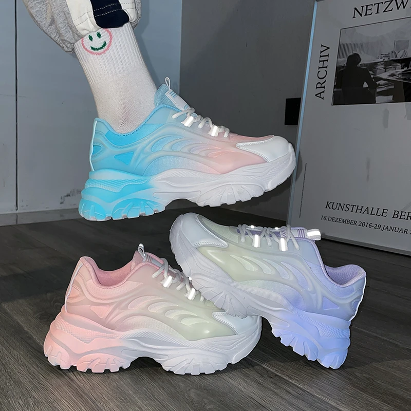 trompet venijn gezagvoerder 2022 Summer Fashion Colorful Chunky Sneakers Women Blue Pink High Heels  Casual Footwear Ladies Flats Women Shoes Walking Spring| | - AliExpress