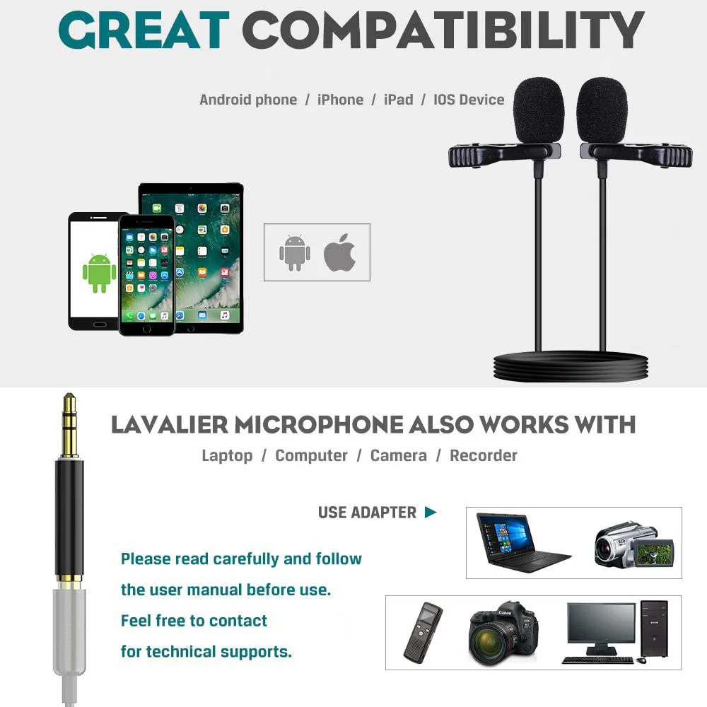 1.5M Lavalier Microphone 3.5MM 6.5MM Jack Lapel Mic Condenser Microphone 2M Extension Cable Adapter for Phone Camera Computer — view 5