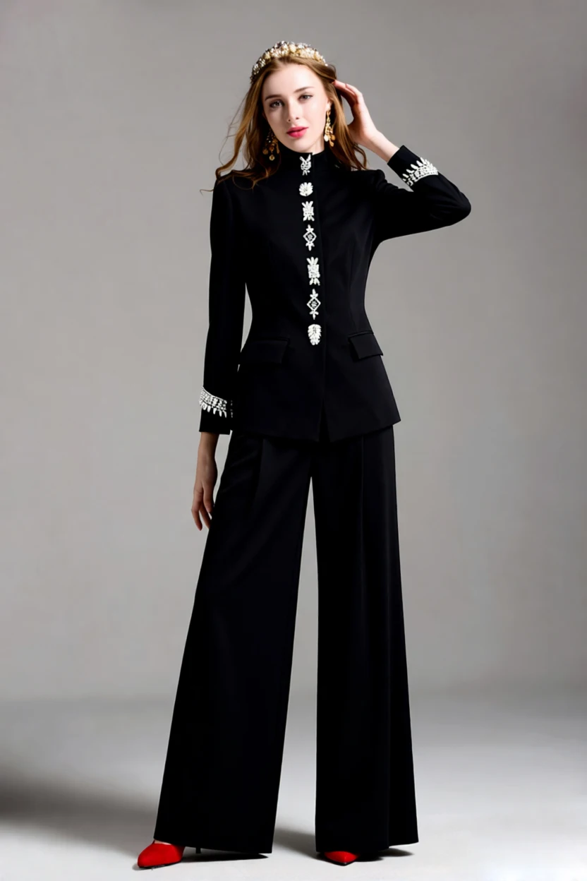 طقم بليزر أسود برقبة عالية وسروال واسع الساق مكون...