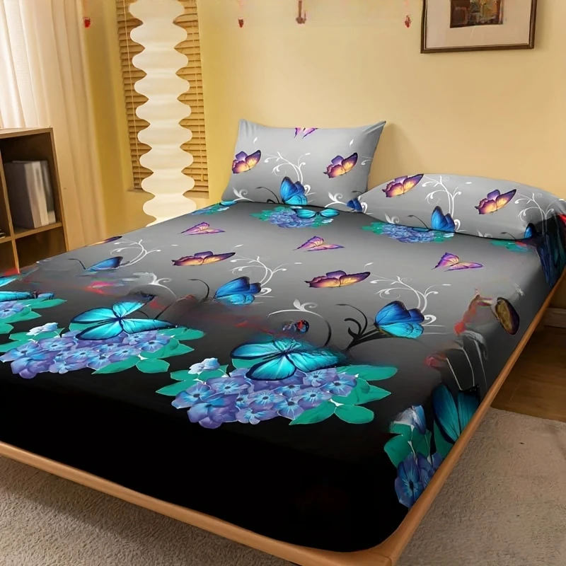 Brushed Fitted Sheet Soft Comfortable Butterfly Floral Print Bedding Fitted Sheet For Bedroom Guest Room With Deep Pocket 5