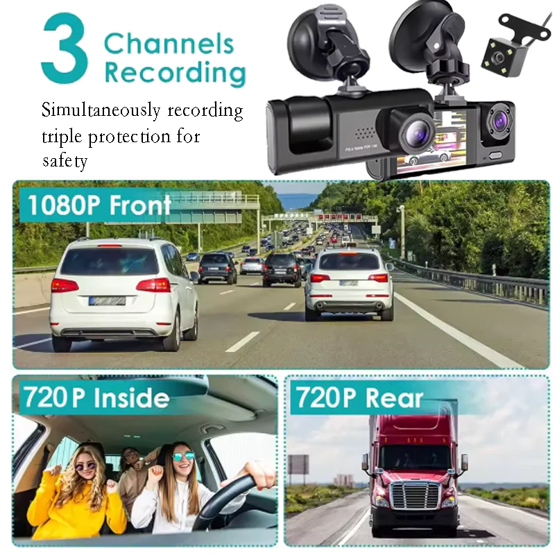 3 Lens Car DVR recorder, video recorder, Vehicle DVR Dash Cam W/ IR Night Vision Loop Recording & 2" IPS Screen 1080P 3 Camera