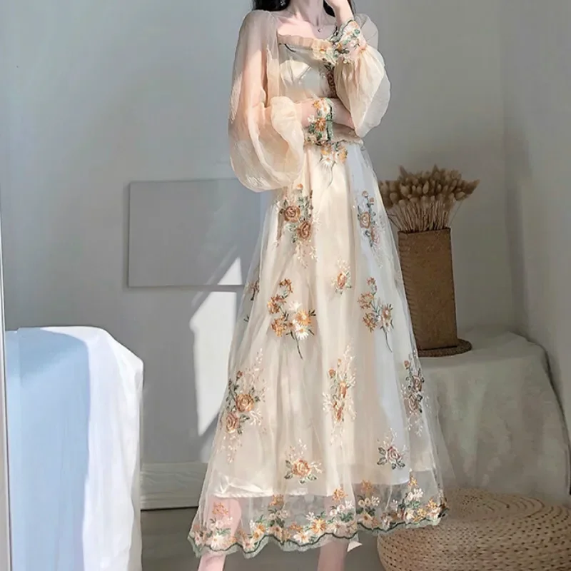 

Spring Women Party Dress French Floral Embroidery Lantern Sleeve Lace Mesh Female Fashion Retro Slash Neck Boho Sweet Long Dress