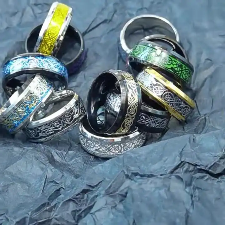 NUNCAD Anello Uomo Donna con Drago Celtico Nero,Fibra di Carbonio Blu e Zircone,Anello Tungsteno