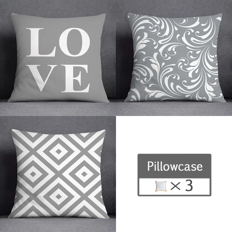 3pcs/lot 45X45CM Gray Lumbar Pillow Case Polyester Geometry Leaf Floral Stripes Plaids Print Sofa Throw Cushion Cover Home Decor 