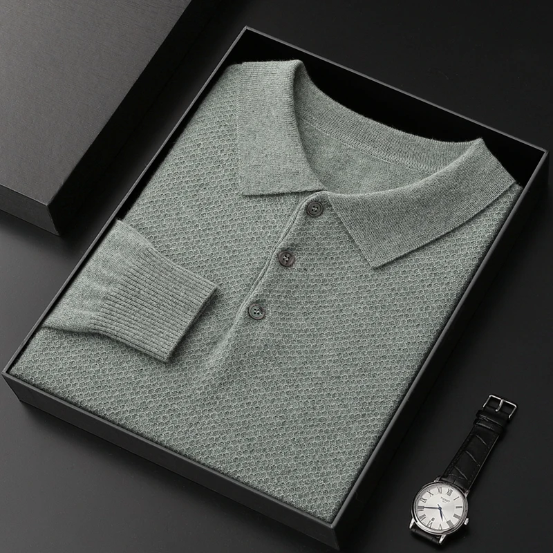 

High-end POLO neck shirt knitted cashmere sweater loose business casual men's 100% pure sweater autumn and winter new style