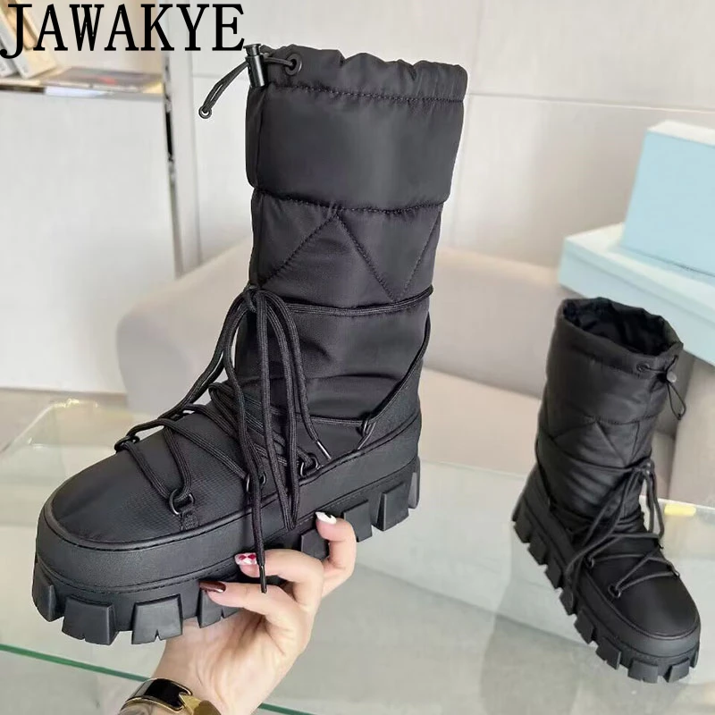 

Winter Thick Sole Lace Up Snow Boots For Women Brand Warm Fur Flat Platform Boots Fashion Height Increasing Mid-Calf Botas Mujer