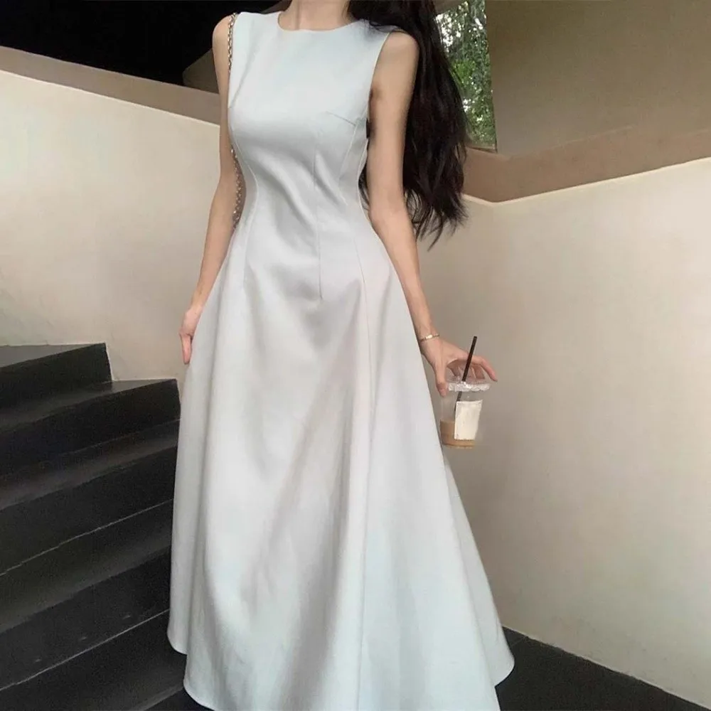U Neck Sleeveless Long Dress Sleeveless Vest Temperament Solid Color Long Skirt Long A-line Women Korean Dress Spring Autumn