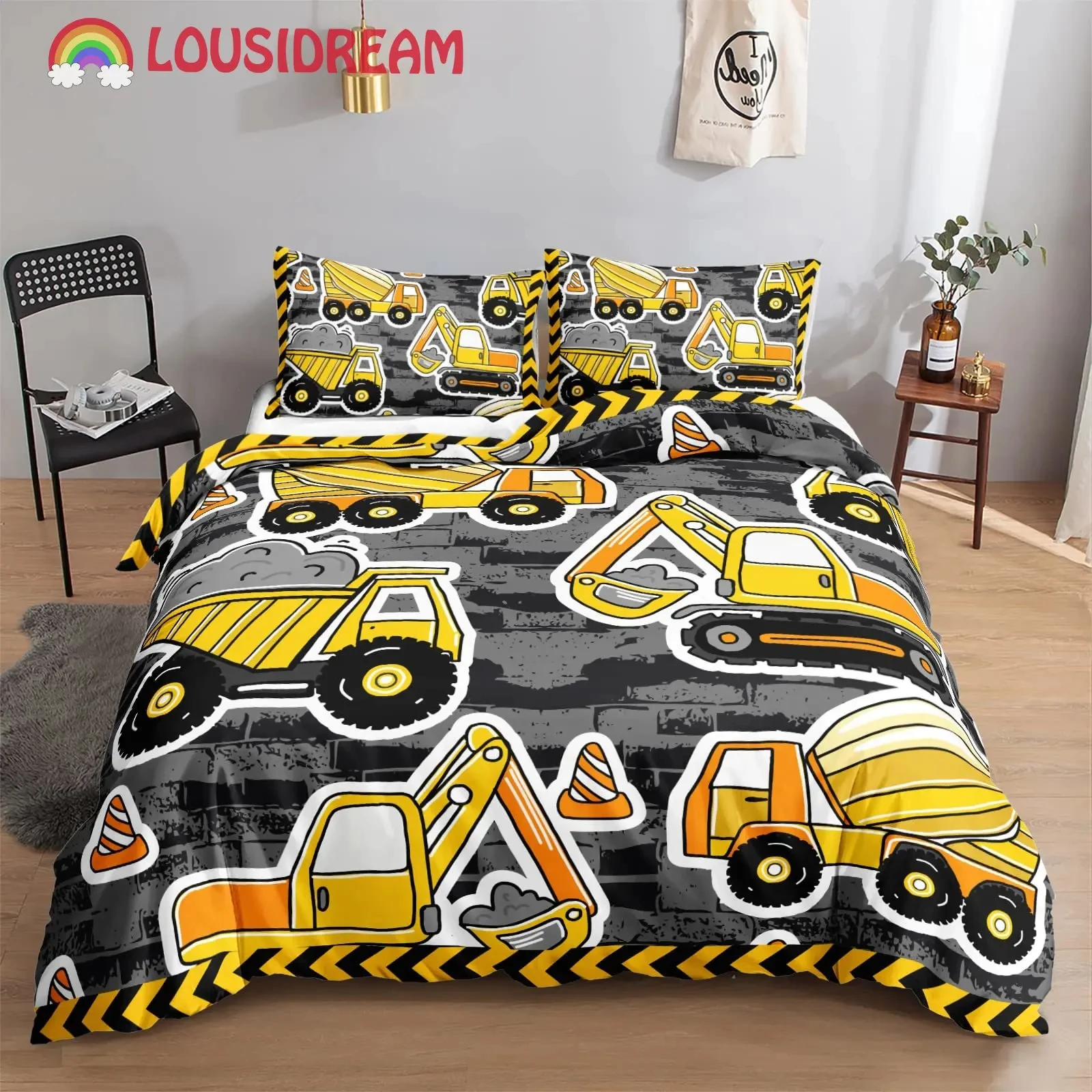 

Construction Vehicles Boys Excavator Duvet Cover Yellow Tractor Truck Bedding Set for Teens Child Old Retro Car Theme Room Decor