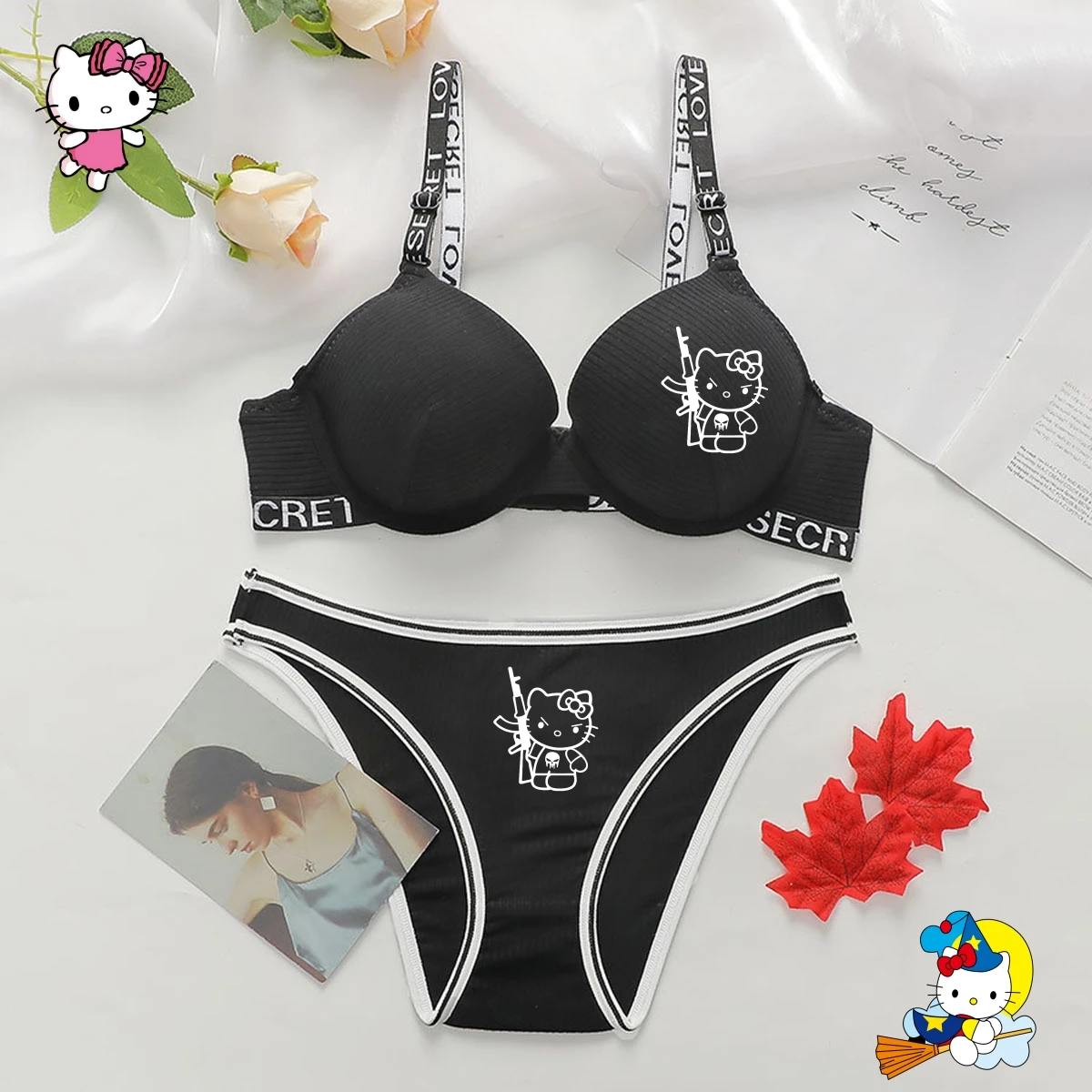 

2Pcs Set Hello Kitty Sexy Lingerie Underwear Cartoon Kuromi Melody Adjustable Letter Strap Bra Y2K Girls Bikini Suit Briefs Gift
