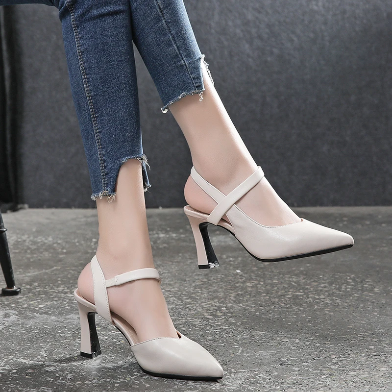 Women Sandals Soft Leather Solid Color Summer Thick Heels Baotou High-heeled