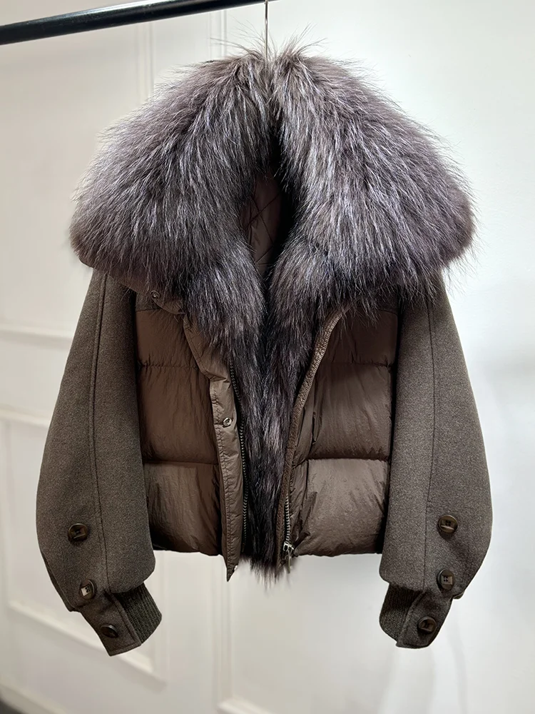 Lagabogy 2026 Natural Real Fur Collar Down Coat Women Thick Puffer Jacket Autumn Winter Loose Patchwork Sleeves Female Parkas