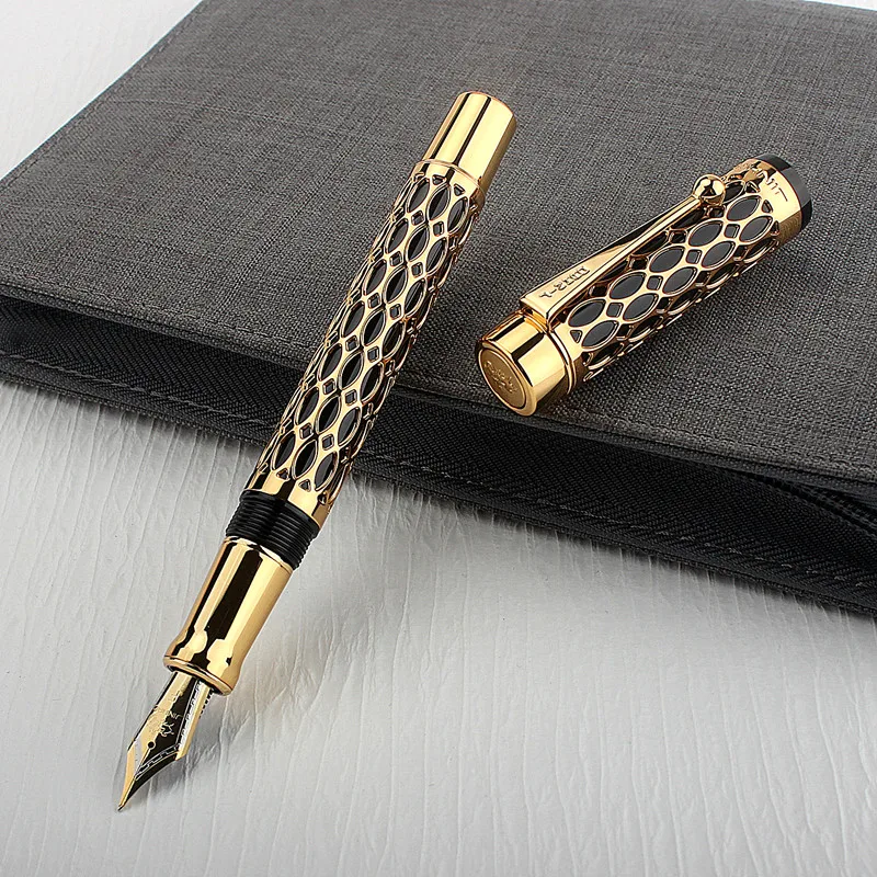 New Jinhao Hollow Out 100 Fountain Pen 18KGP Golden Plated M Nib 0.7mm Resin Ink Pen with A Converter Business Office Gift Pen