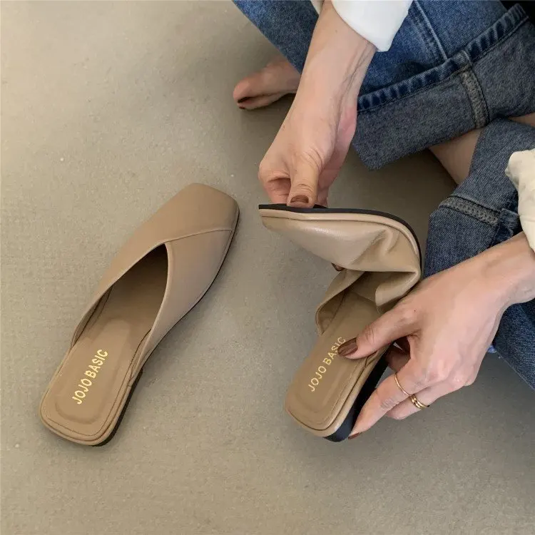 

Flat Half Drag Slippers Square Toe Sandals Spring/Summer Outside Wear Casual Soft Bottom Mules Low Heel Sapatos Femininos 2023