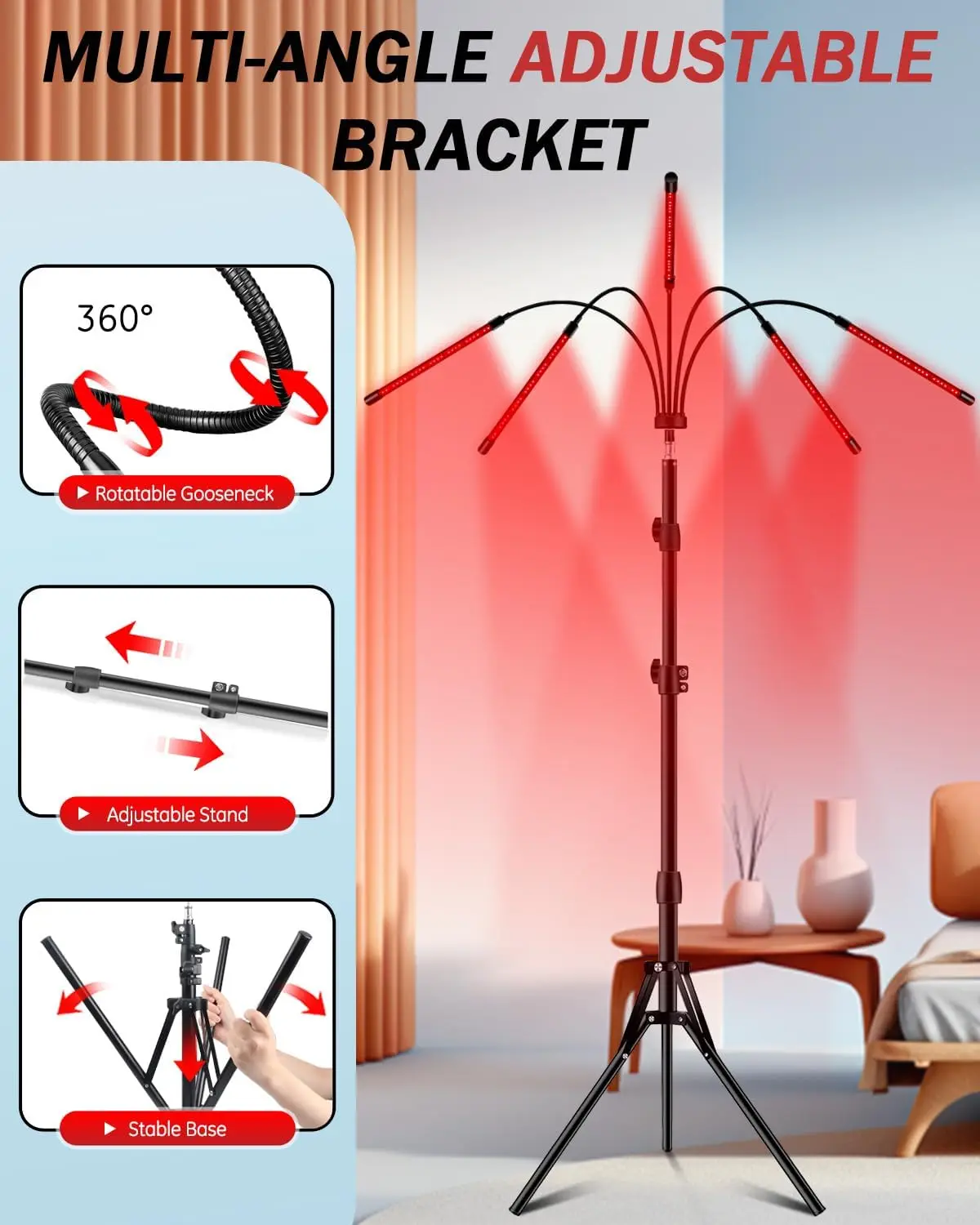 Height Adjustable 4/5 Lamps Red Light Device with 660nm&850nm,Recover Muscle for Skin，Waist,Knee,Head,Shoulder Relief Fatigue