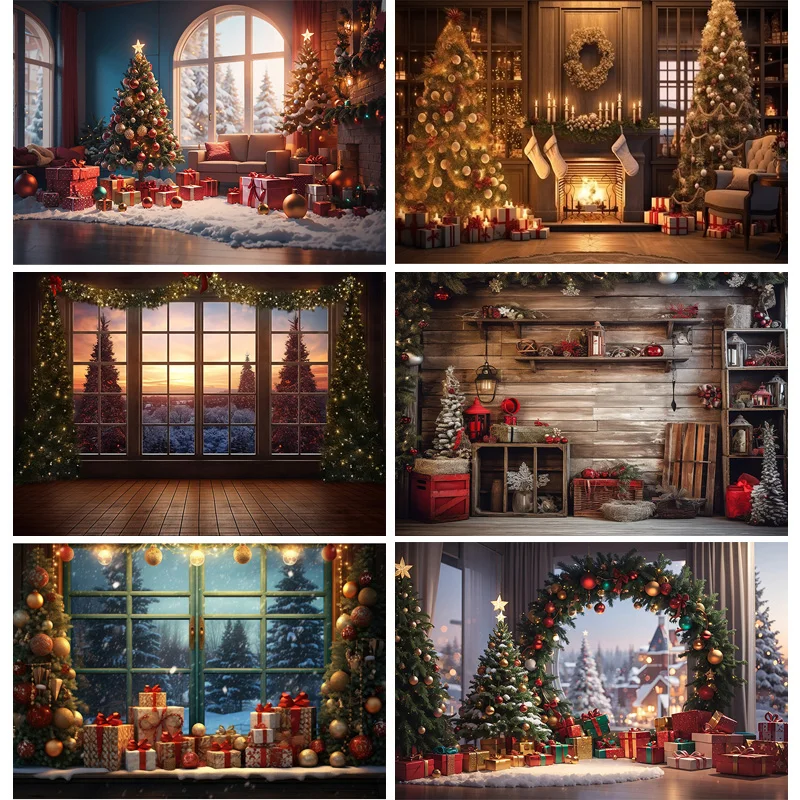 

Vinyl Custom Christmas Day Fireplace Photography Backdrops Prop Window Living Room Interior Village House Theme Background DR-08